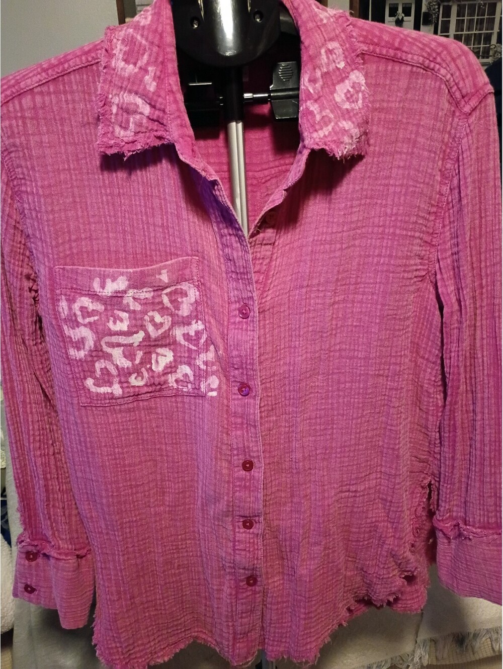 Hand painted Urban Outfitters Pink Button-Up Shirt with Leopard Print Pocket